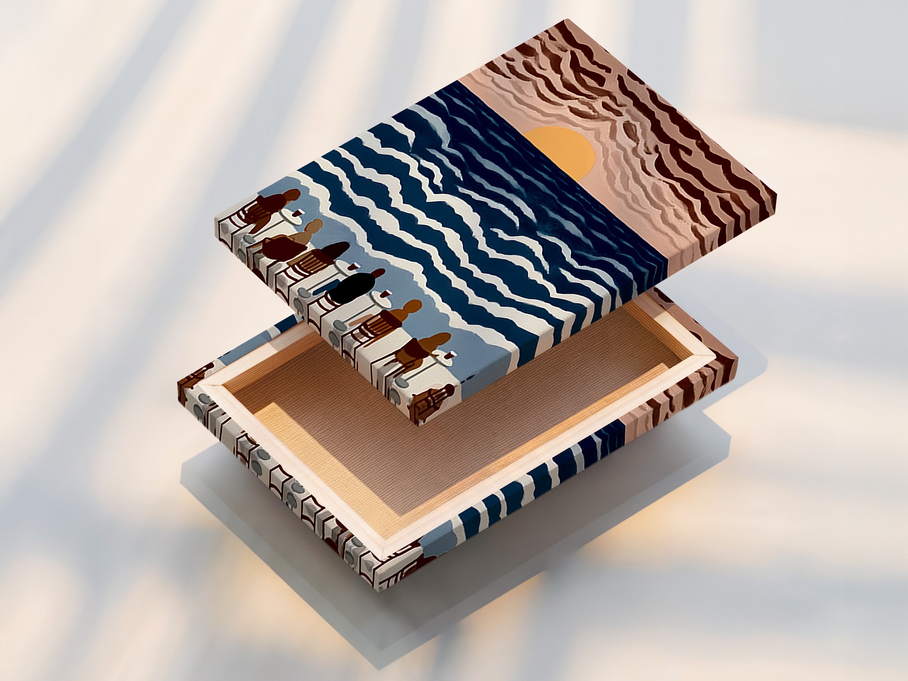 This is a stretched canvas print of our seaside cafe artwork. The canvas is stretched tightly. The art depicts people enjoying the sunset. Perfect coastal artwork for your living room.