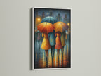 A white frame enhances the Rainy City artwork. This fine art print features people with umbrellas in an impressionist style. It creates a focal point in your entryway or living room. A great gift idea for her.