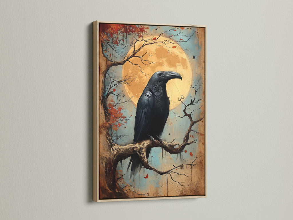 Raven artwork in an oak frame. This gothic bird canvas adds dark academia charm to any space. Ideal for a study room or office. The raven artwork creates a spooky wall art atmosphere. A great gift for bird lovers.
