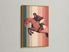 The artwork is showcased in a gold frame. The gold frame adds a touch of luxury and glamour. The art depicts a horse and rider jumping. The frame enhances the artwork beautifully. Perfect for adding a touch of opulence to your decor.
