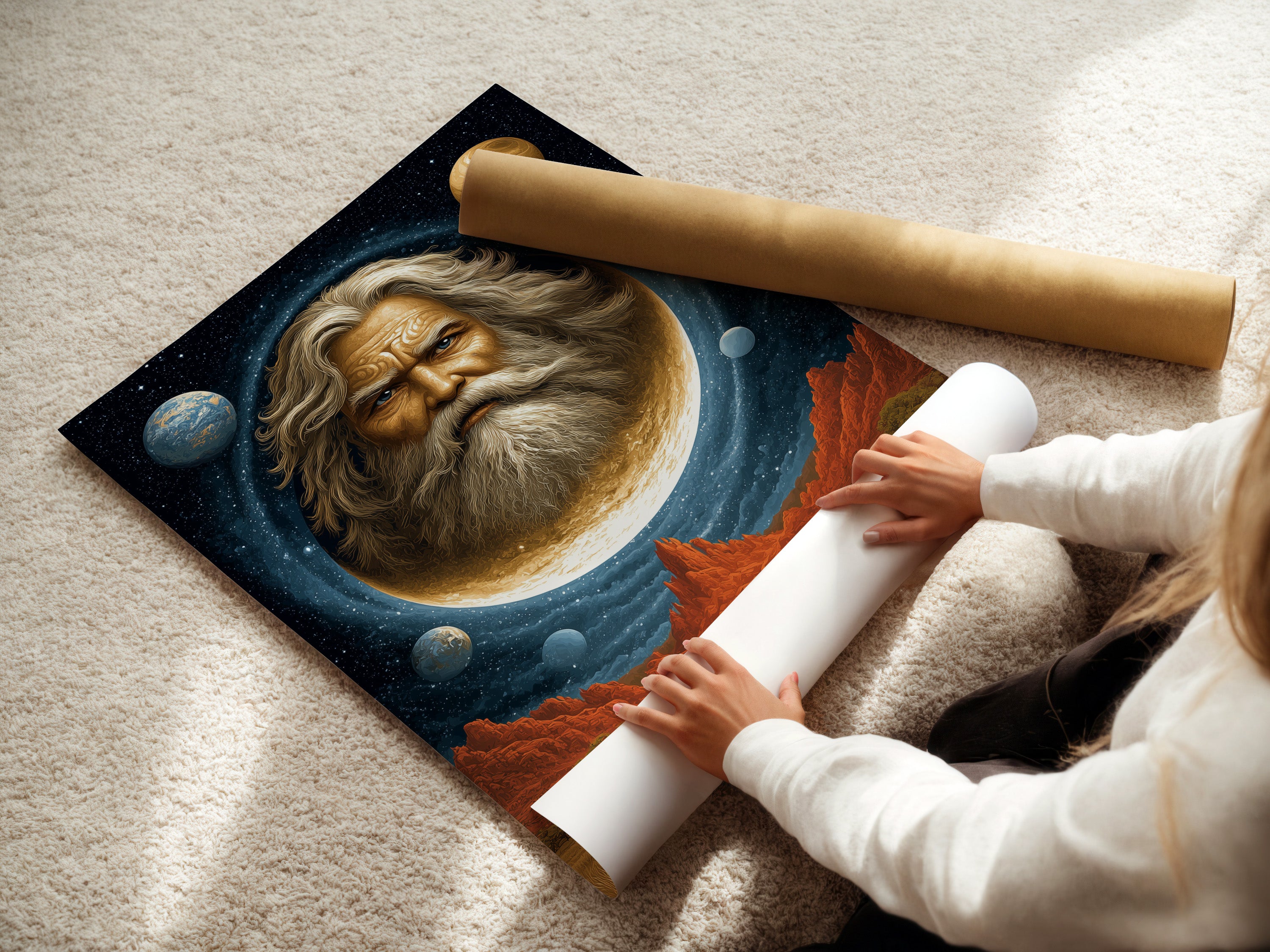 A woman is carefully rolling a fine art poster paper of cosmic portrait wall art. Featuring a celestial man in the moon this surreal space art print will add a mystical touch to your home. Perfect for Living Rooms Offices Meditation Rooms studios lobbies and wellness centers.