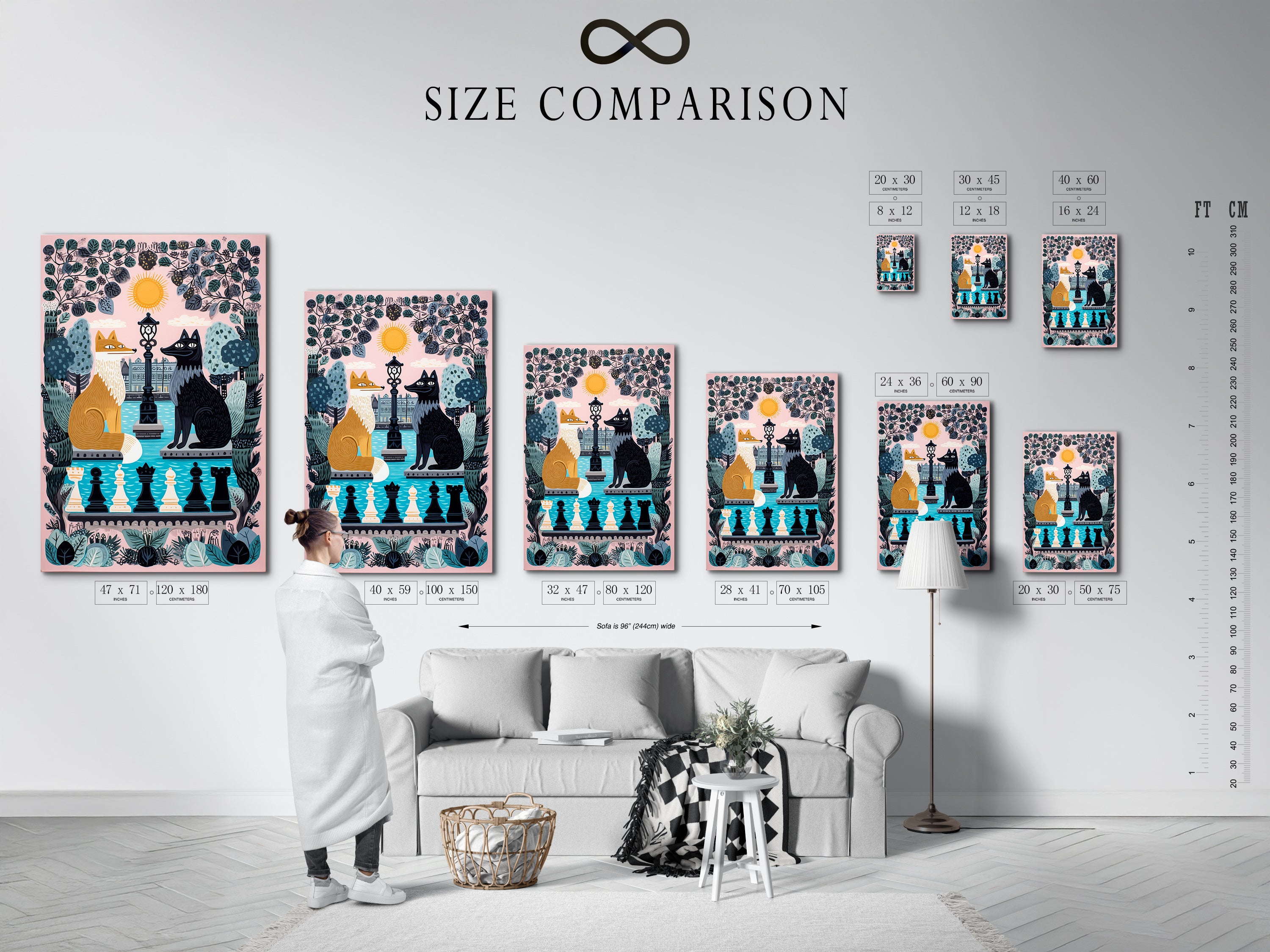 Size comparison chart in an interior setting showcasing the Fox and Wolf Canvas Print. Visualize the perfect fit for your space. This whimsical chess art is ideal for kids room decor. The pink pastel colors enhance fable artwork. A cute and contemporary animal art piece for nursery wall art.