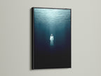 A black frame highlights the underwater figure artwork. This moody wall art is perfect for meditation rooms. It will enhance studios lobbies clinics or boardrooms. The ethereal artwork creates a spiritual atmosphere. Add a touch of zen to your decor.