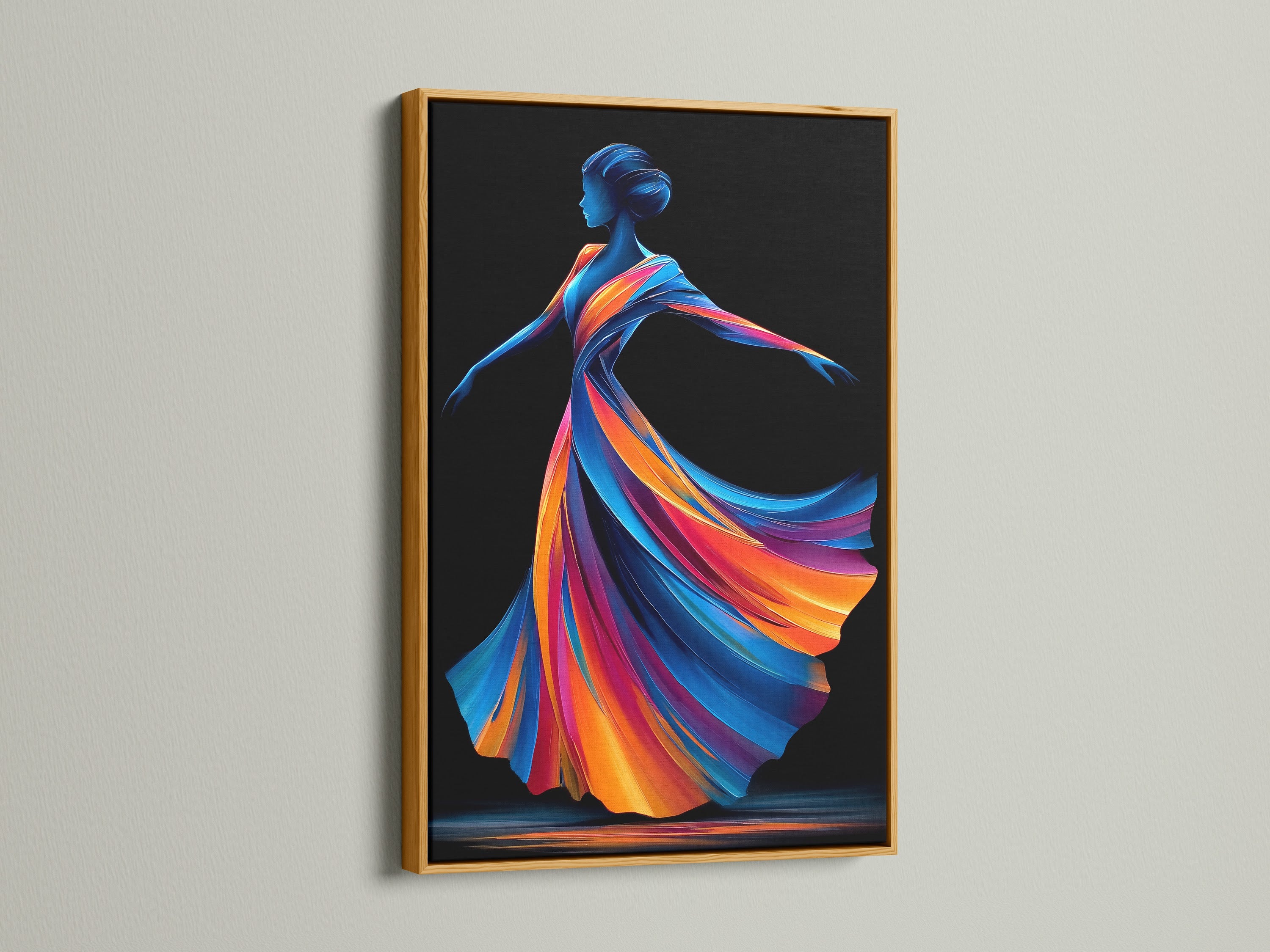 The Dancing Woman artwork is displayed in a gold frame. This frame adds a luxurious touch to the piece. It features a colorful abstract figure. The art is great for contemporary wall decor. Discover artistic wall decor.
