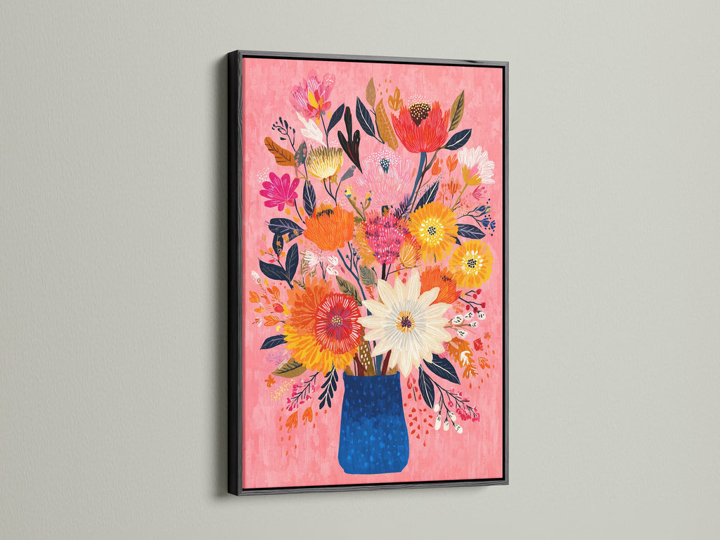 Vibrant Floral Bouquet Art Print - Pink Background Wall Art, Colorful Flower Vase Painting, Modern Botanical Home Decor, Living Room