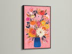 Vibrant Floral Bouquet Art Print - Pink Background Wall Art, Colorful Flower Vase Painting, Modern Botanical Home Decor, Living Room