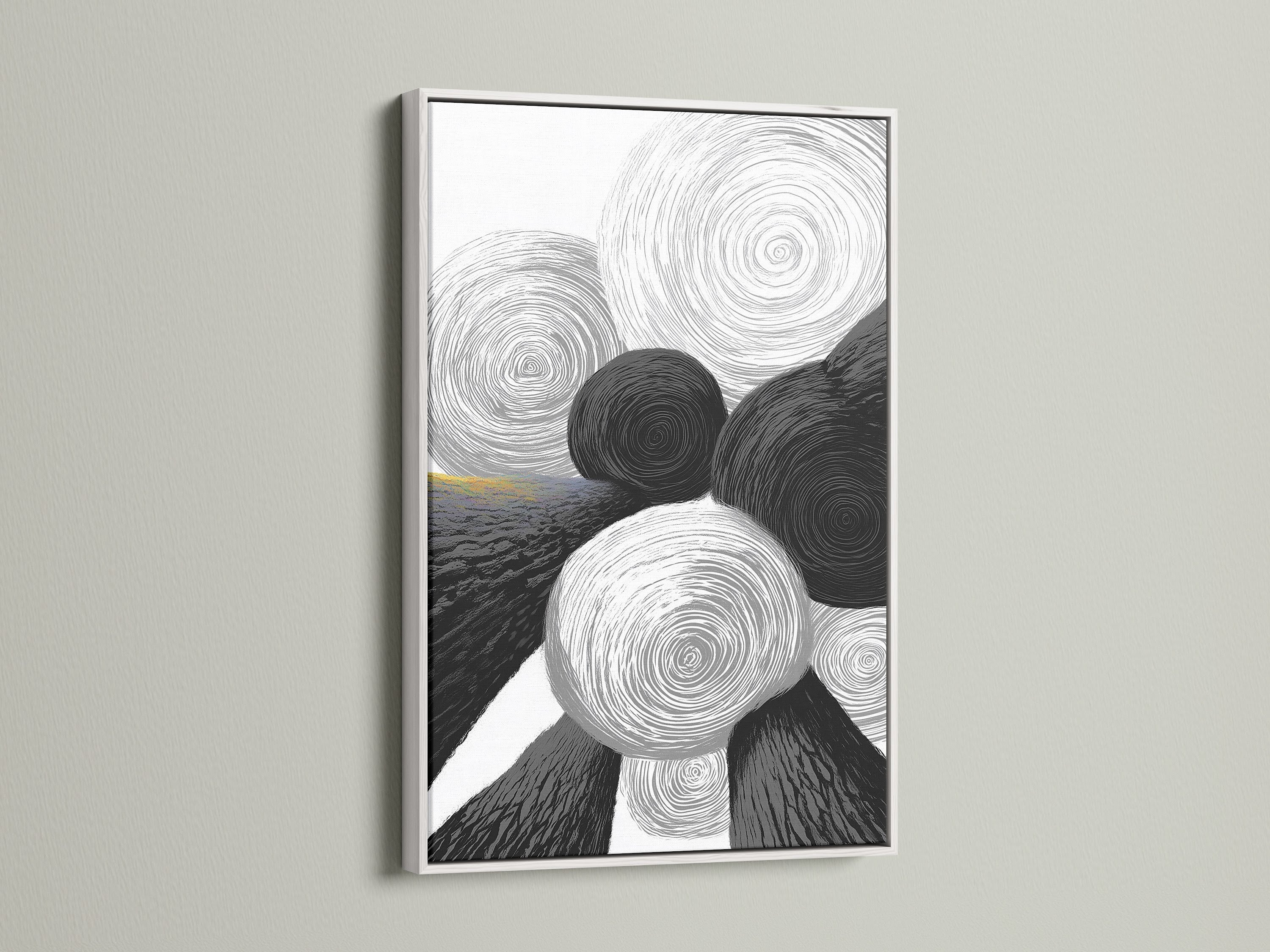 Modern abstract geometric art is beautifully showcased in a white frame. The black and white circle artwork offers a minimalist touch. This piece enhances modern and Scandinavian interiors. This artwork is versatile for any room.