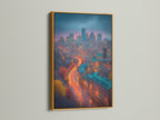 Cityscape wall art displayed in a luxurious gold frame. The skyline canvas features urban photography with teal and orange accents. Add a touch of elegance to your office artwork. The gold frame enhances the art's vibrancy. Perfect for urban lovers