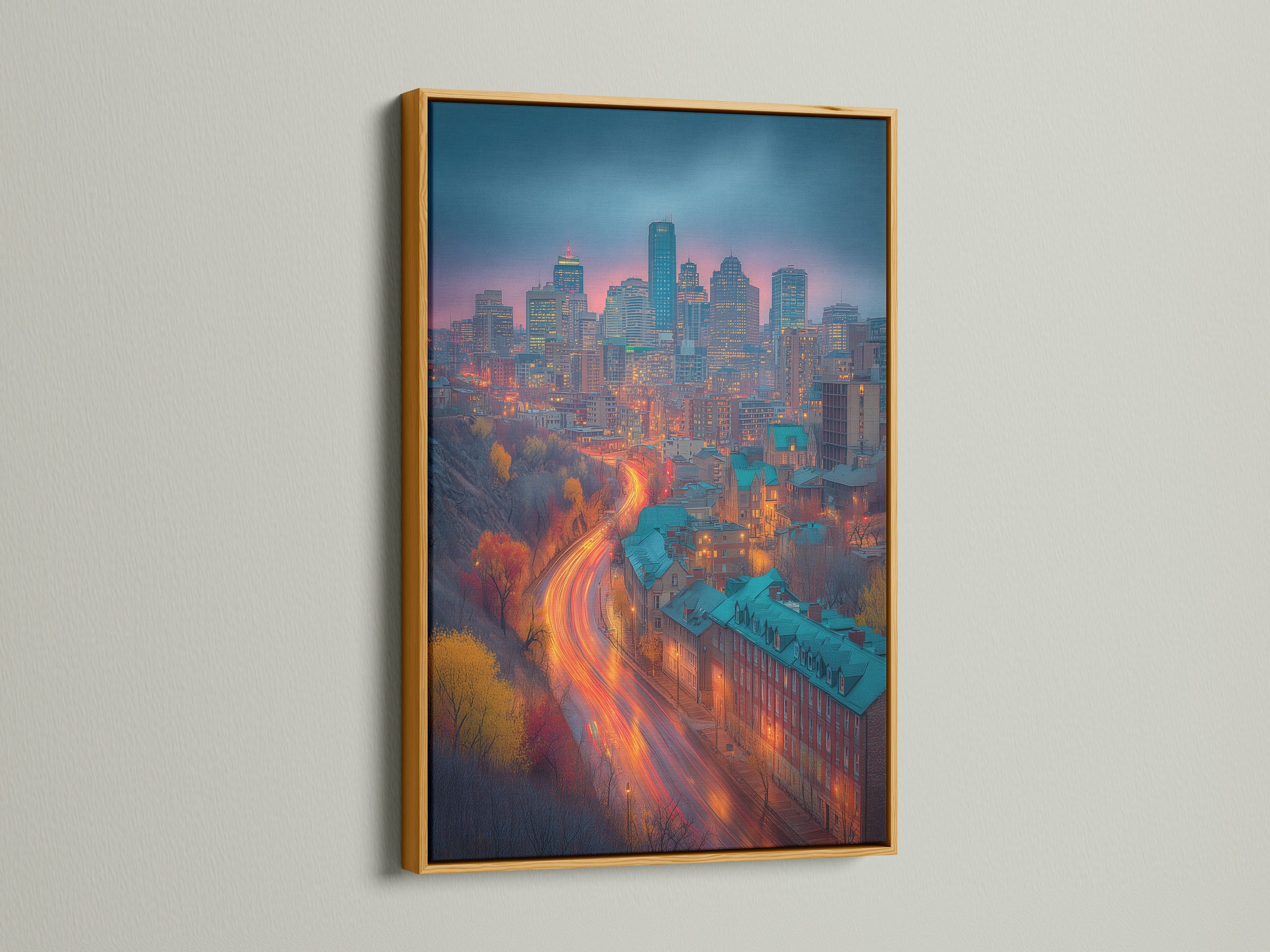 This gold frame showcases a captivating cityscape artwork. The urban skyline wall art features teal and orange city lights. It adds a touch of elegance. Perfect for modern wall decor and enhancing any room's aesthetic.
