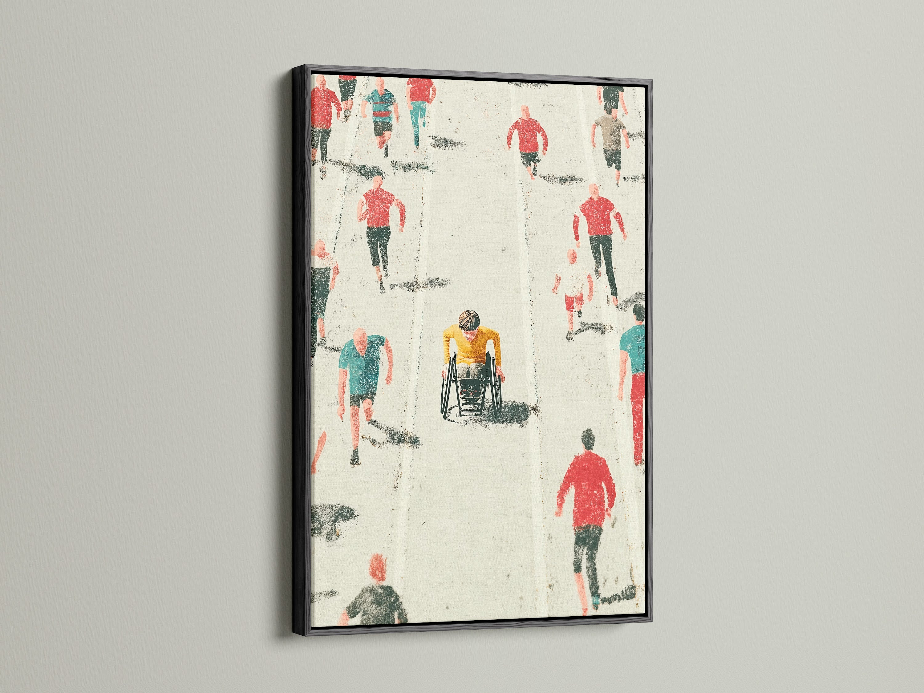 Marathon Runners artwork with a black frame. The artwork features a person in a wheelchair racing with runners. This sports-themed artwork creates a striking visual impact. It is suitable for minimalist or modern interiors. It is perfect for adding a touch of inspiration to your space.