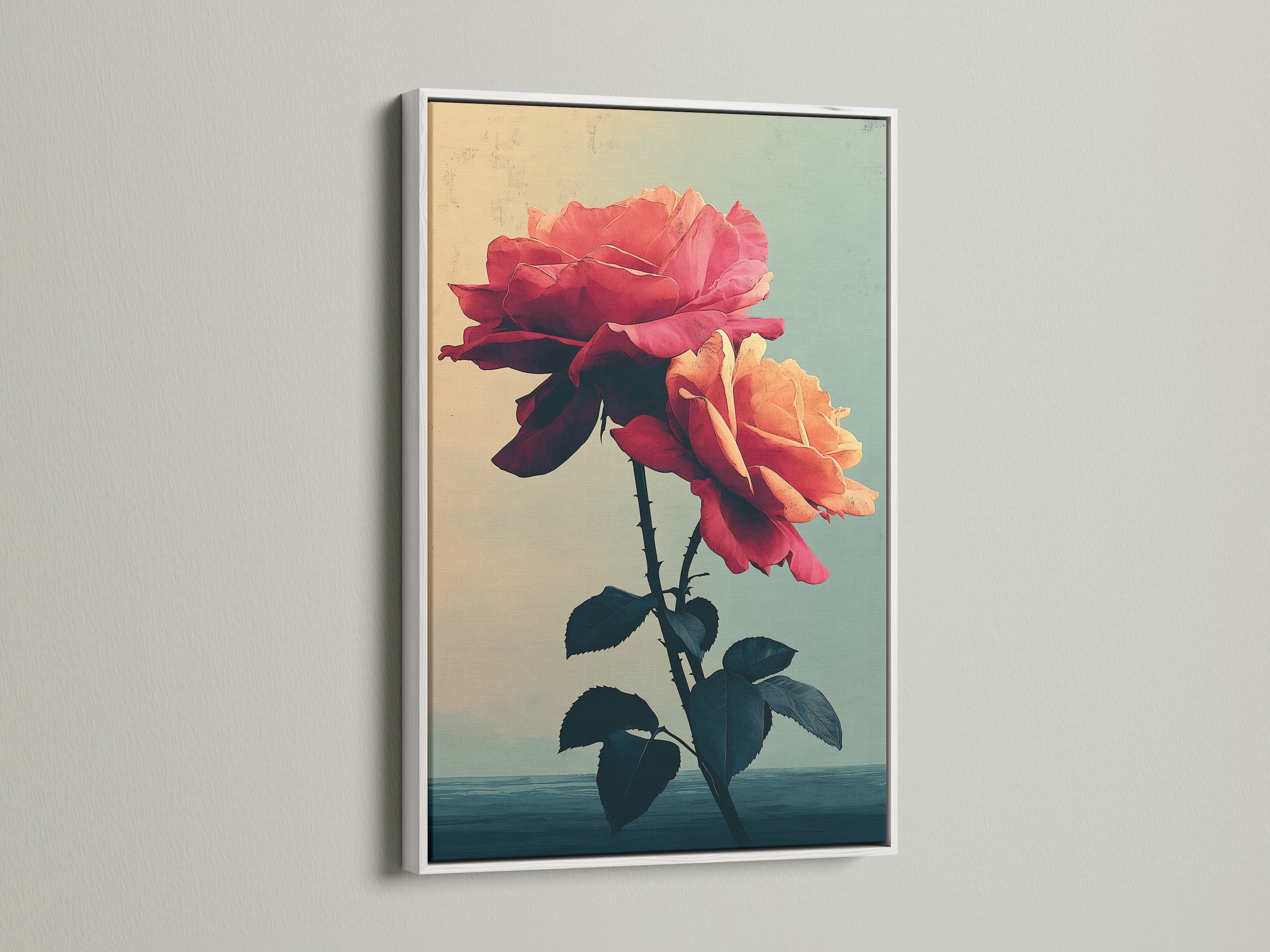 A vintage rose artwork with peach and coral tones is showcased in a white frame. This botanical print brings a touch of floral beauty to any room. It is perfect for bedroom decor or as a vintage wall art piece. Ideal for homeowners and flower enthusiasts seeking distinctive Wall Art.