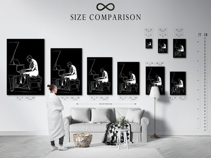 A size comparison chart displayed in an interior setting. This chart shows available sizes for black and white jazz piano artwork. Find the perfect fit for your space. Choose from minimalist musician wall art to enhance your decor. Ideal for music rooms or living spaces.