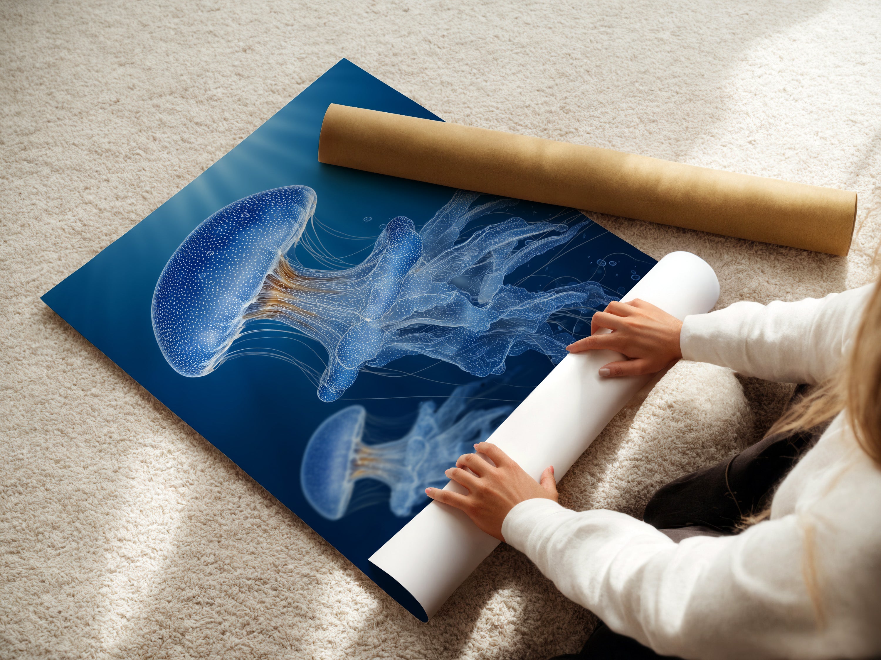 A woman carefully rolling a fine art poster paper. She is preparing the artwork for framing or display. The fine art paper ensures high-quality prints with vibrant colors. This protects the artwork during handling. Perfect for preserving and showcasing your favorite pieces.