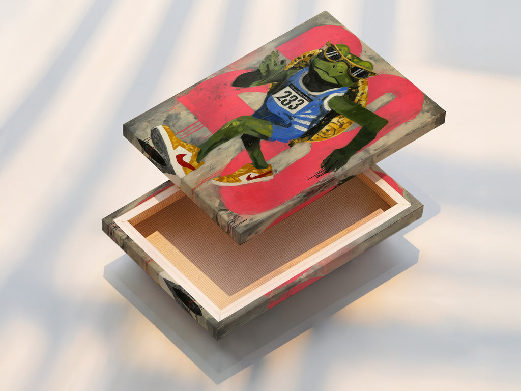 A stretched canvas print showcases the vibrant frog runner artwork. This urban street art canvas adds a unique touch. It is perfect for teen room decor. The retro sports art brings fitness motivation. This piece is ideal for youth rooms studios and sports-themed rooms. It suits contemporary styles.