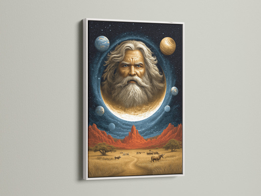 This cosmic portrait wall art features a celestial man in the moon. It's encased in a white frame. This surreal space canvas print brings mystical beauty to your home. Ideal for spiritual advisors and those seeking unique art. It enhances Living Rooms Offices Meditation Rooms studios lobbies and wellness centers.
