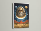 This cosmic portrait wall art features a celestial man in the moon. It's encased in a white frame. This surreal space canvas print brings mystical beauty to your home. Ideal for spiritual advisors and those seeking unique art. It enhances Living Rooms Offices Meditation Rooms studios lobbies and wellness centers.
