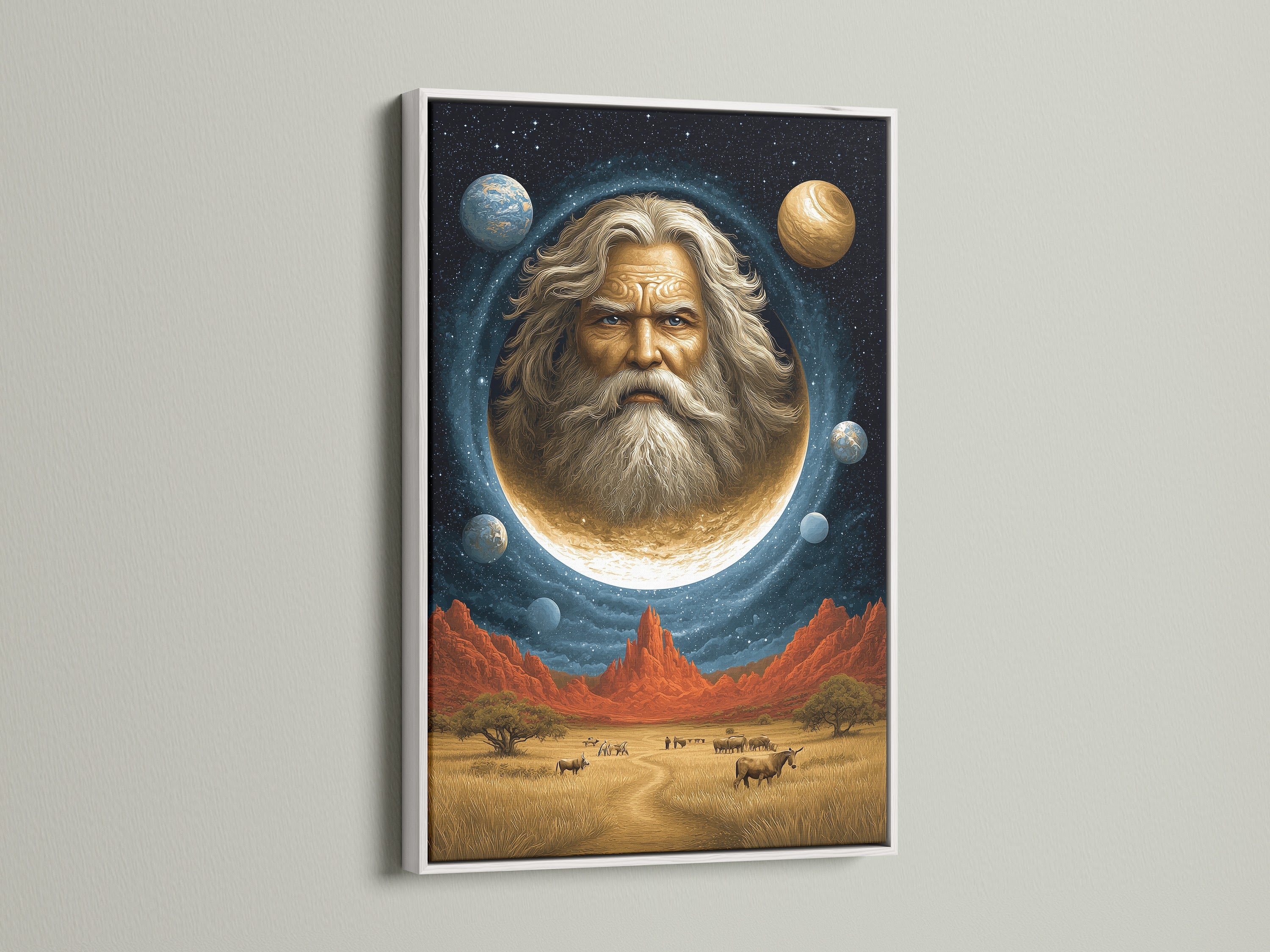This cosmic portrait wall art features a celestial man in the moon. It's encased in a white frame. This surreal space canvas print brings mystical beauty to your home. Ideal for spiritual advisors and those seeking unique art. It enhances Living Rooms Offices Meditation Rooms studios lobbies and wellness centers.