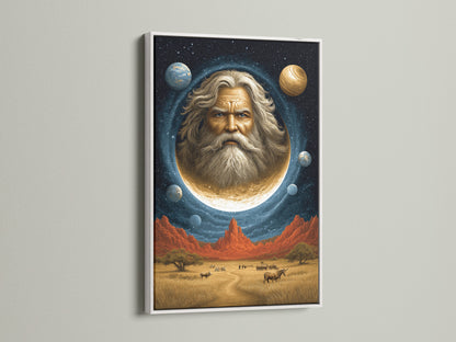 This cosmic portrait wall art features a celestial man in the moon. It's encased in a white frame. This surreal space canvas print brings mystical beauty to your home. Ideal for spiritual advisors and those seeking unique art. It enhances Living Rooms Offices Meditation Rooms studios lobbies and wellness centers.