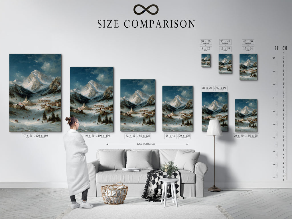 Size comparison chart of the Alpine Village artwork in an interior setting. See how different sizes fit in your space. This winter landscape is perfect for living rooms and bedrooms. The snow scene print adds a touch of European charm. It is great for rustic themed interiors.