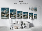 Size comparison chart of the Alpine Village artwork in an interior setting. See how different sizes fit in your space. This winter landscape is perfect for living rooms and bedrooms. The snow scene print adds a touch of European charm. It is great for rustic themed interiors.