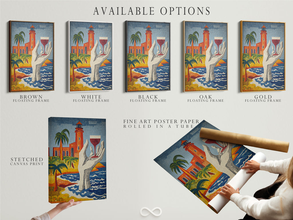 Available options for the lighthouse mosaic art print are displayed. Choices include stretched canvas print fine art poster paper and floating frame. This coastal wall decor is a Mediterranean delight. The tile art enhances beach house decor.