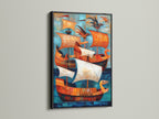 Vintage Ships Canvas Artwork with a Black Frame. Nautical artwork featuring ships in teal and orange tones. Suits coastal modern and eclectic decor styles. Perfect for living rooms bedrooms or offices. Discover framed art.