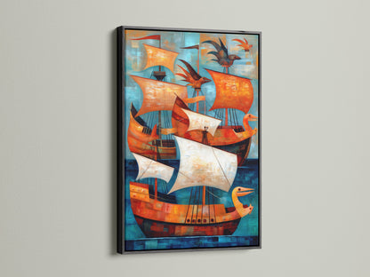 Vintage Ships Canvas Artwork with a Black Frame. Nautical artwork featuring ships in teal and orange tones. Suits coastal modern and eclectic decor styles. Perfect for living rooms bedrooms or offices. Discover framed art.