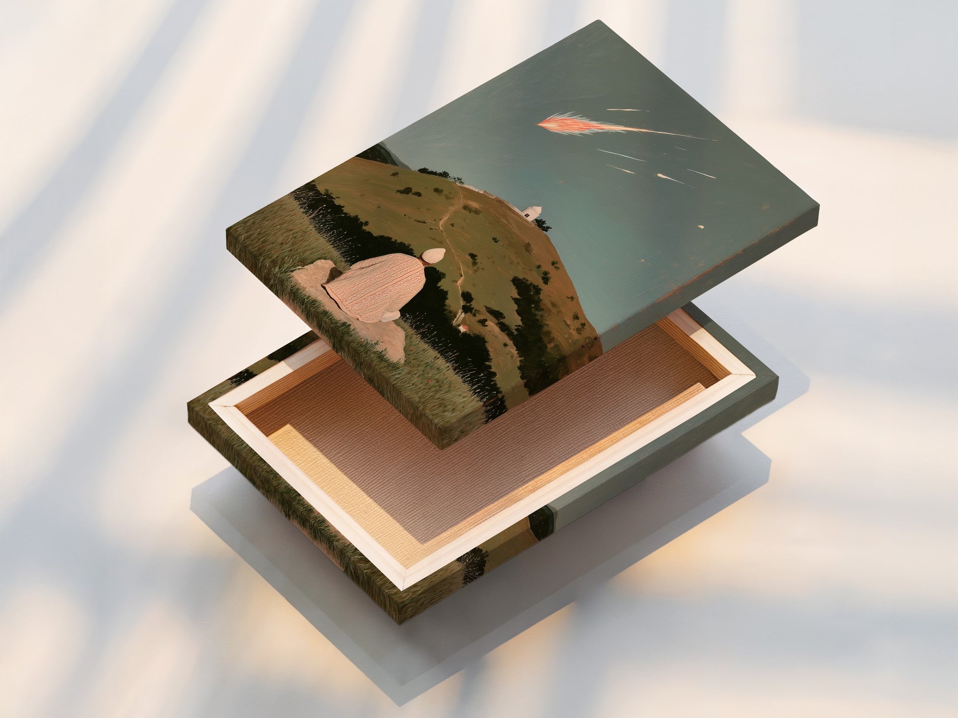 A stretched canvas print of the Shooting Star artwork. This spiritual landscape is ready to hang and transform your space. The artwork features a person meditating on a hill under a celestial display. Perfect for creating a serene environment.