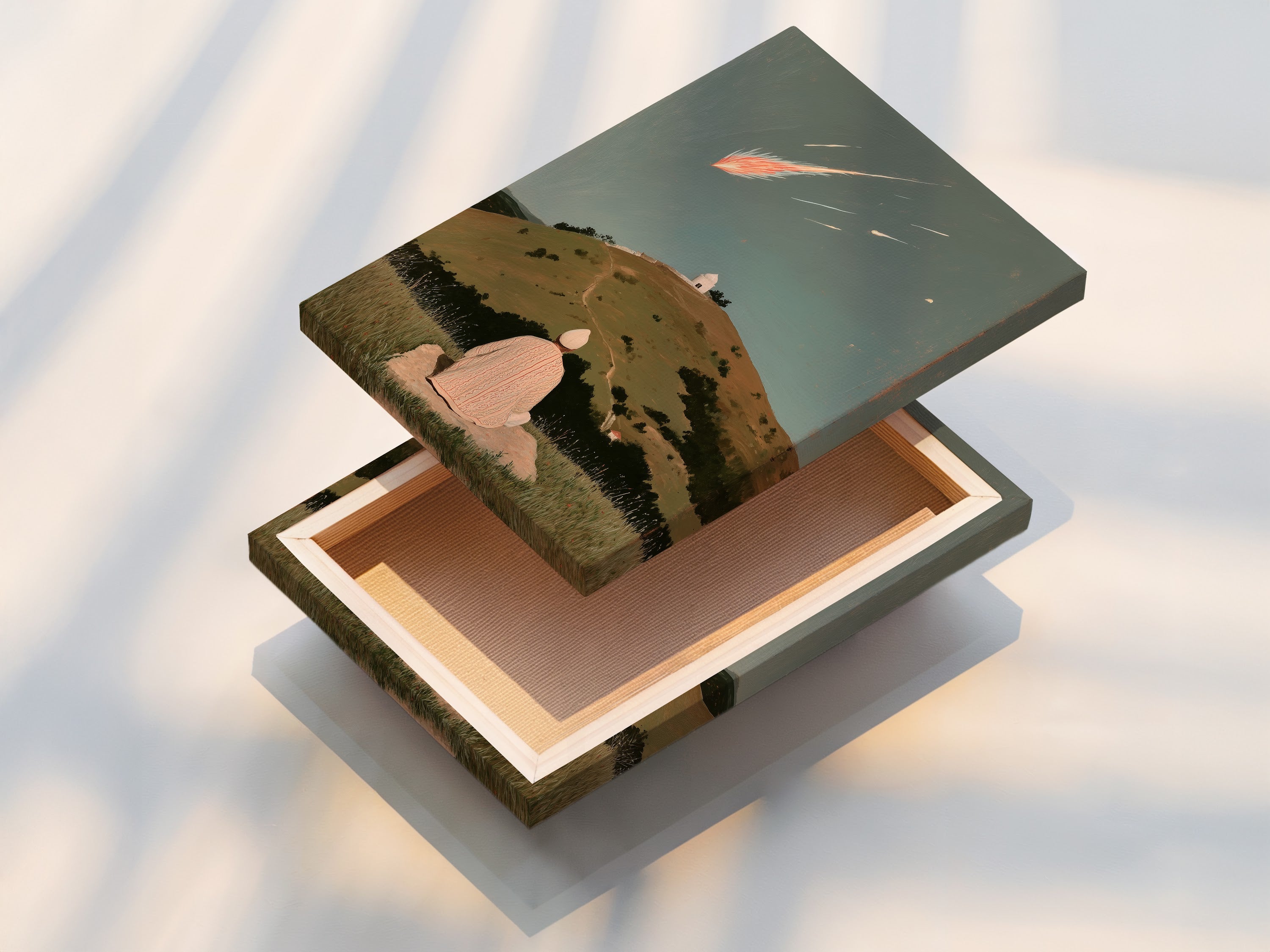 A stretched canvas print of the Shooting Star artwork. This spiritual landscape is ready to hang and transform your space. The artwork features a person meditating on a hill under a celestial display. Perfect for creating a serene environment.