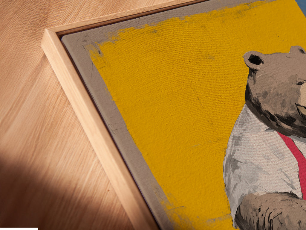 A close-up of the Bear Baker Artwork in a floating frame is displayed. This kitchen wall art is perfect for a modern space. The chef animal print adds a unique touch. It is ideal for homeowners and cafe owners seeking whimsical art. Enhance your decor with this fun piece.