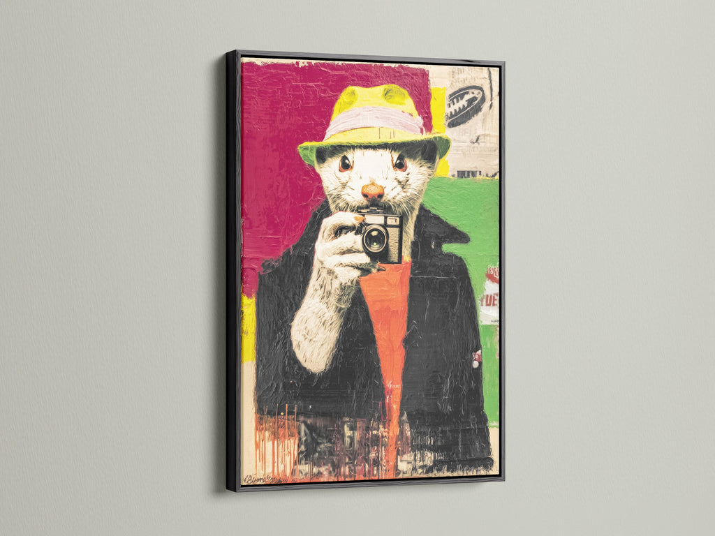 The Hipster Otter artwork is showcased in a sleek black frame. This classic frame adds a touch of sophistication to the playful artwork. It is ideal for modern and minimalist interiors. Elevate your wall decor with this framed art.