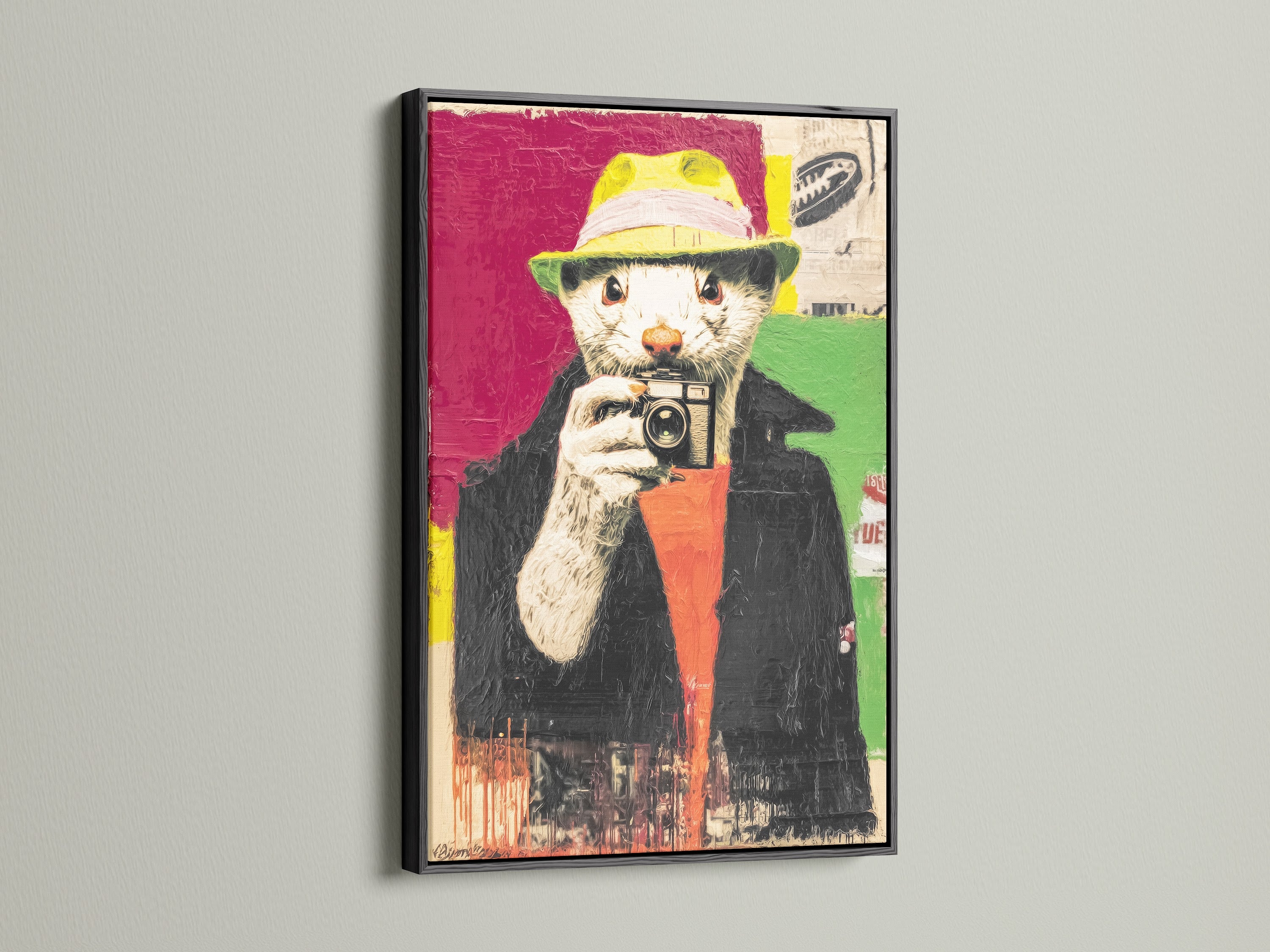 The Hipster Otter artwork is showcased in a sleek black frame. This classic frame adds a touch of sophistication to the playful artwork. It is ideal for modern and minimalist interiors. Elevate your wall decor with this framed art.