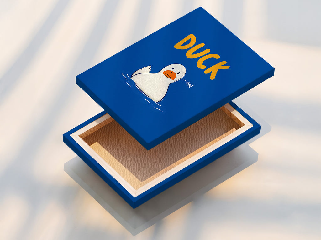 Stretched Duck Canvas Print of a Funny Animal. This playful artwork is perfect for a kids room. The blue and orange colors offer a contemporary style. This cute duck art makes great nursery wall decor. It's a charming gift.