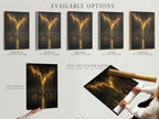 Explore available options for the golden city skyline artwork. Choose from a stretched canvas print fine art poster paper or a floating frame. Perfect for modern office art and urban canvas prints. Customize your abstract skyline art to fit your style. Elevate your moody cityscape with these options.