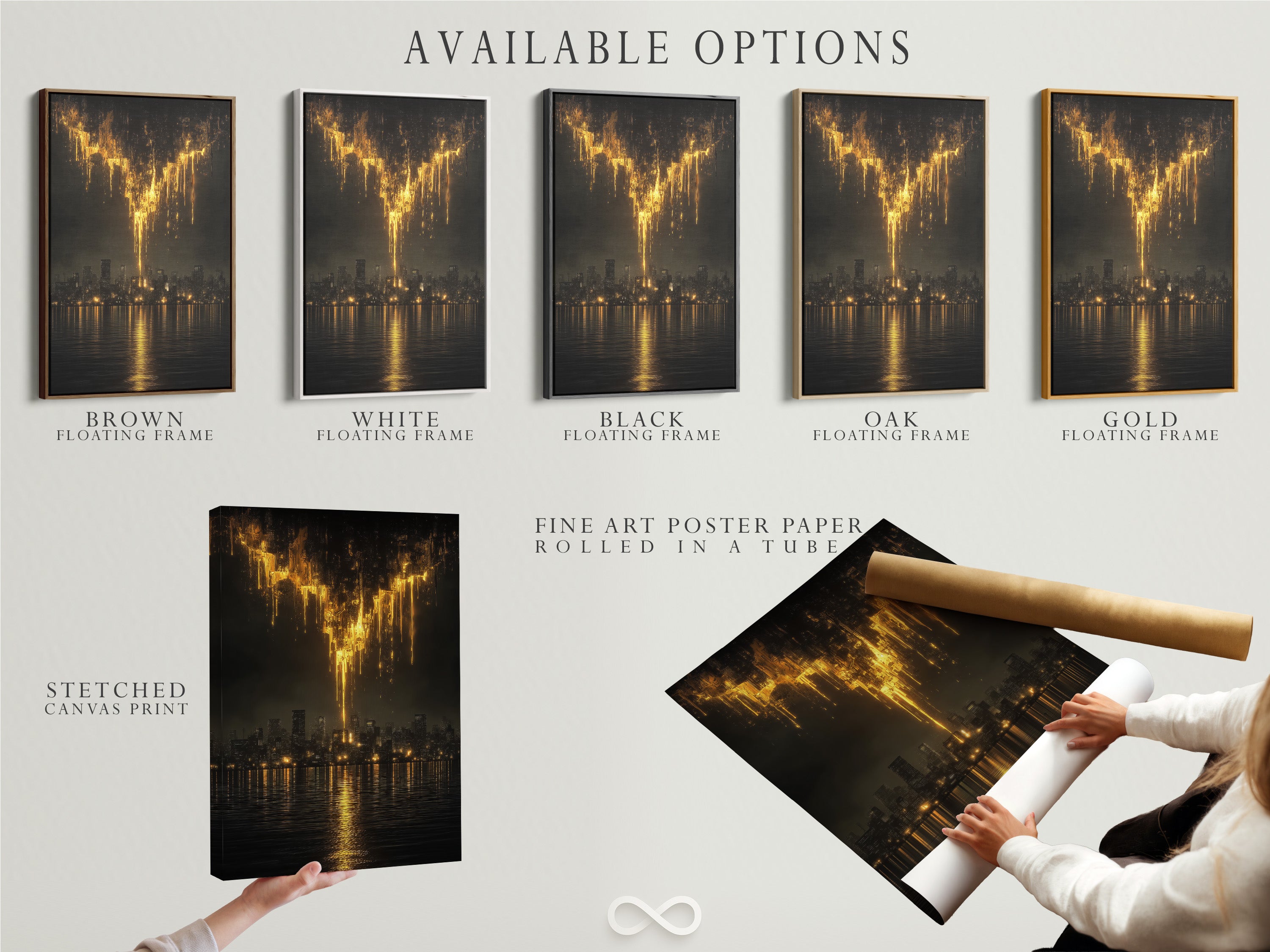 Explore available options for the golden city skyline artwork. Choose from a stretched canvas print fine art poster paper or a floating frame. Perfect for modern office art and urban canvas prints. Customize your abstract skyline art to fit your style. Elevate your moody cityscape with these options.
