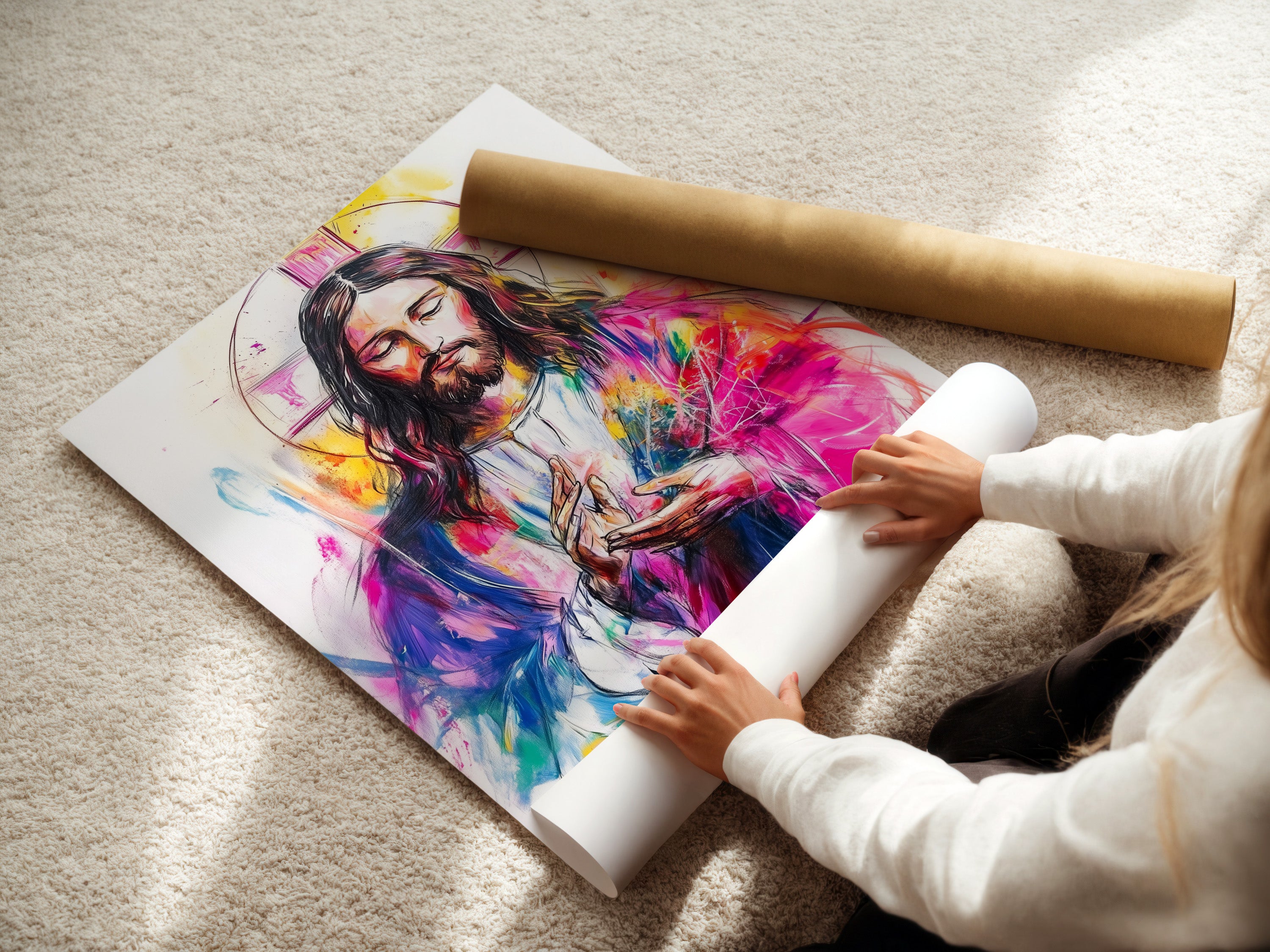 A woman is carefully rolling a fine art poster paper. The paper is of high quality and ready for printing. This ensures that the artwork will be preserved. Learn about our premium fine art poster options.