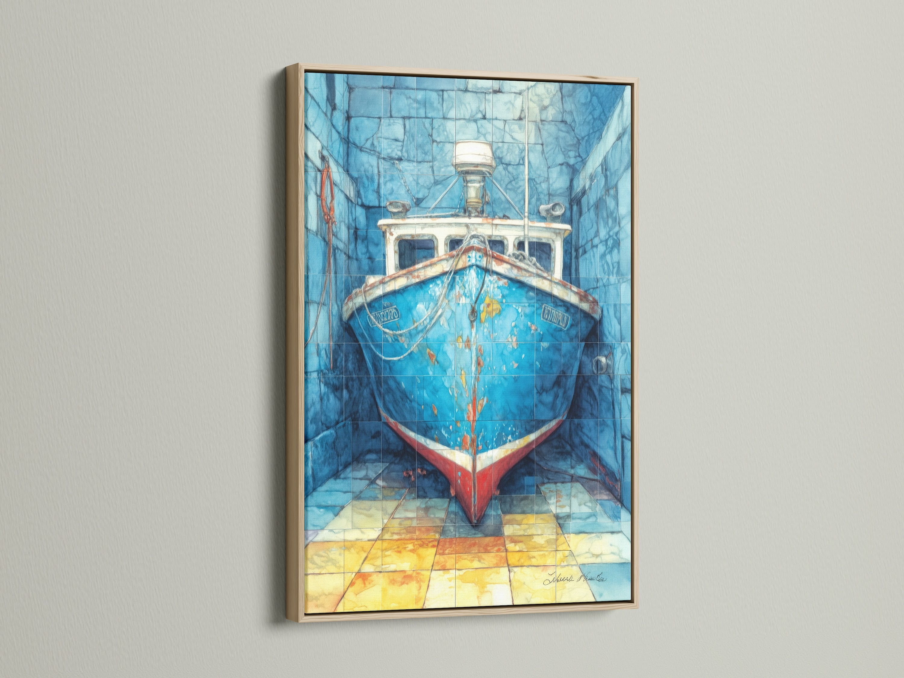 Fishing Boat artwork with an oak frame. This nautical canvas print brings a coastal feel. Perfect boat artwork for your office. Find sea vessel prints and ocean themed art. A great boat lover gift. Enhance your space with maritime art. Shop now for coastal wall art.