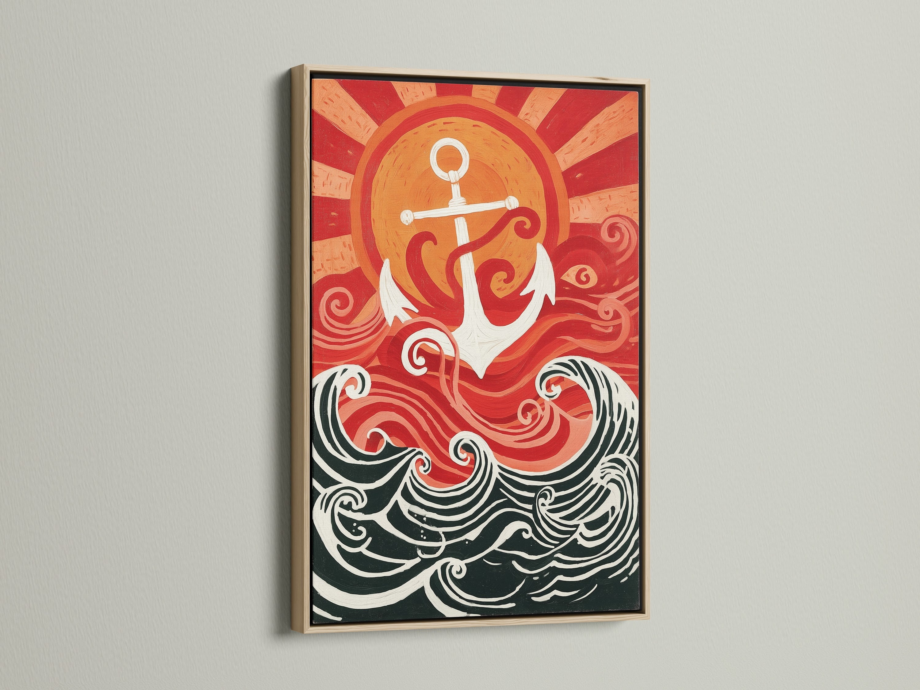A framed nautical art print with an oak frame. The artwork has an anchor and ocean waves. The colors are red white and black. This vintage maritime art enhances coastal decor. Perfect for adding a sea themed touch to a beach house. This nautical canvas is a great gift for ocean lovers.