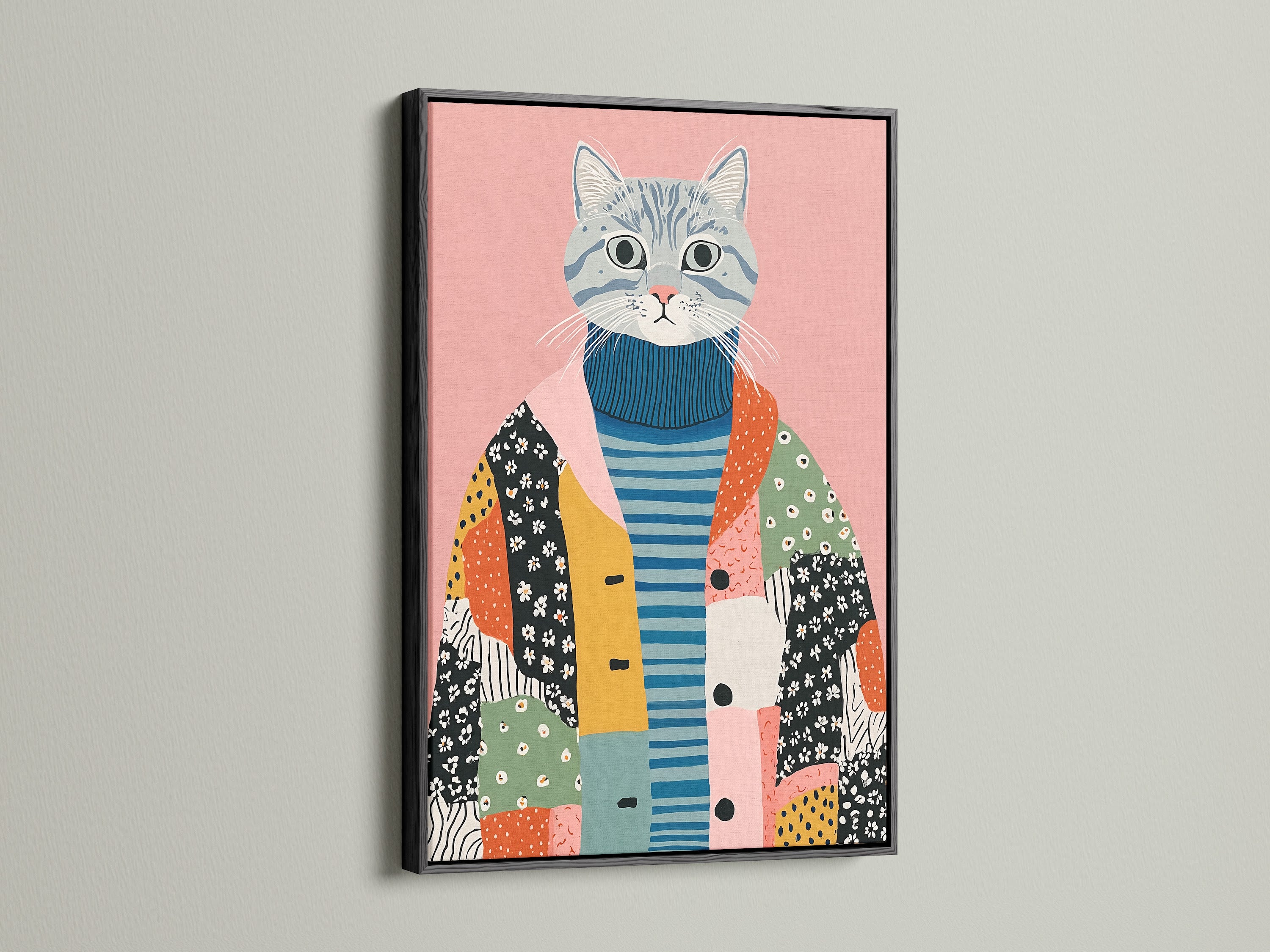 Quirky Cat Art Print - Folk Art Cat Canvas, Whimsical Animal Wall Art for Nursery & Kids Room Decor