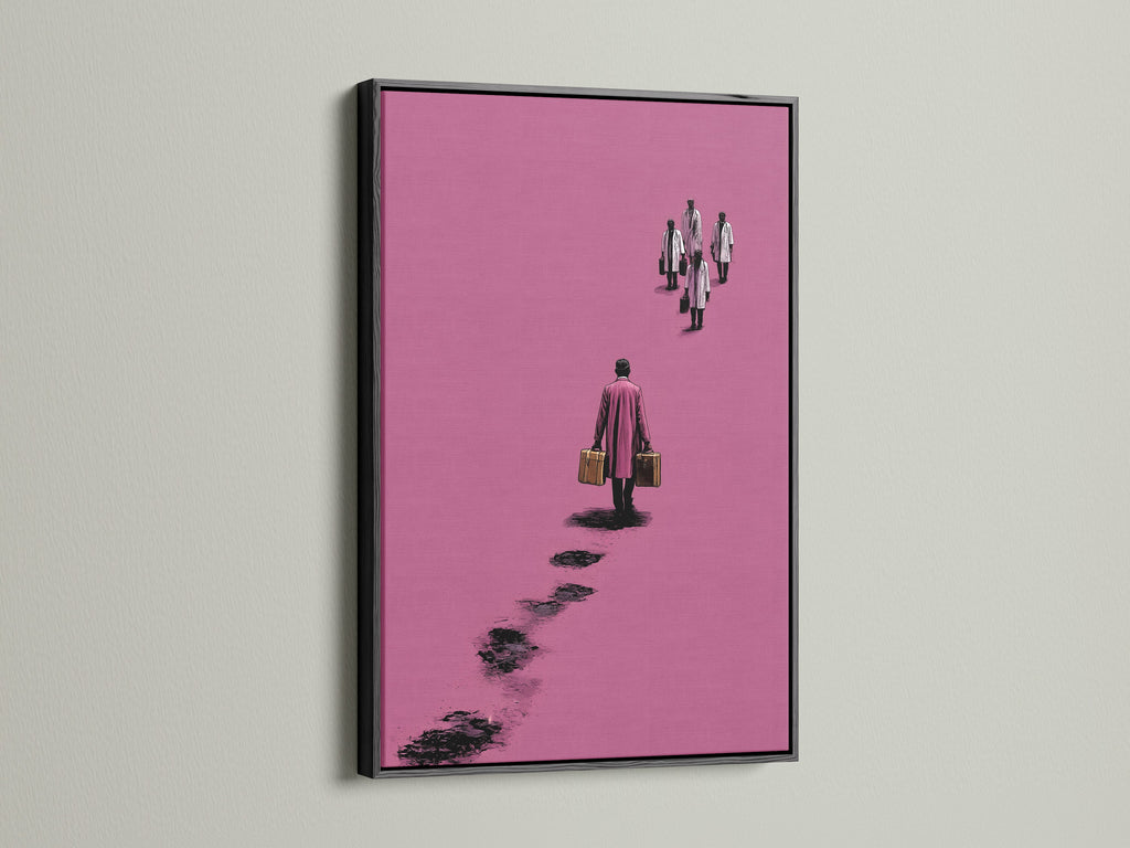 Surreal pink artwork in a black frame. The art features a figure walking away with suitcases. This minimalist canvas print adds a contemporary touch to any office decor. It's a modern abstract poster. The artwork suits Scandinavian styles.