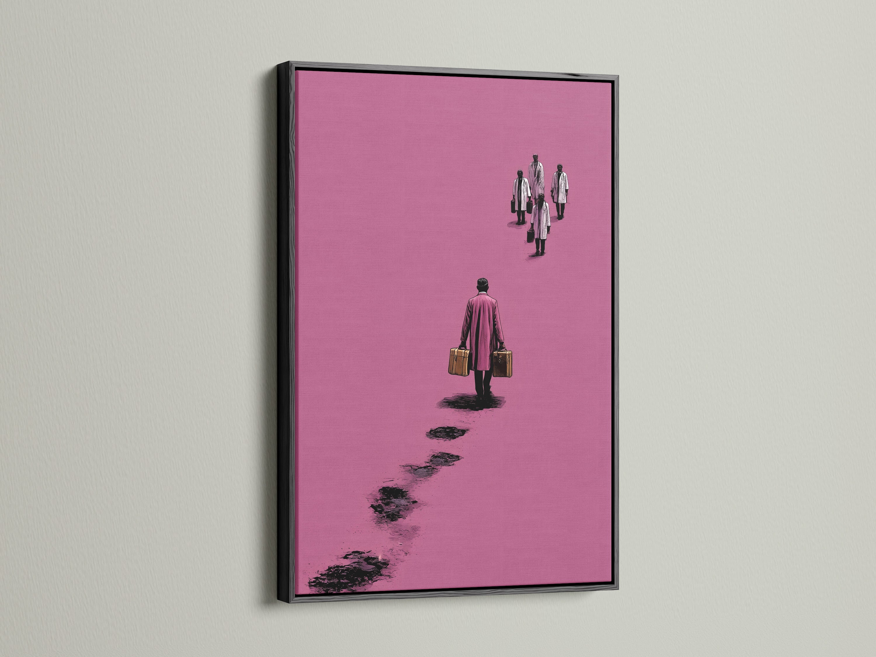 Surreal pink artwork in a black frame. The art features a figure walking away with suitcases. This minimalist canvas print adds a contemporary touch to any office decor. It's a modern abstract poster. The artwork suits Scandinavian styles.