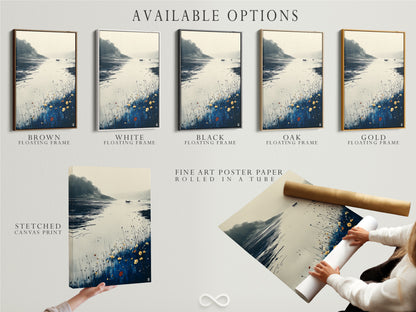 Available options for coastal artwork: stretched canvas print fine art poster paper and floating frame. The serene lake art features blue and beige tones. Choose the perfect format to complement your minimalist coastal or farmhouse style. Elevate your home art with versatile modern nature artwork.