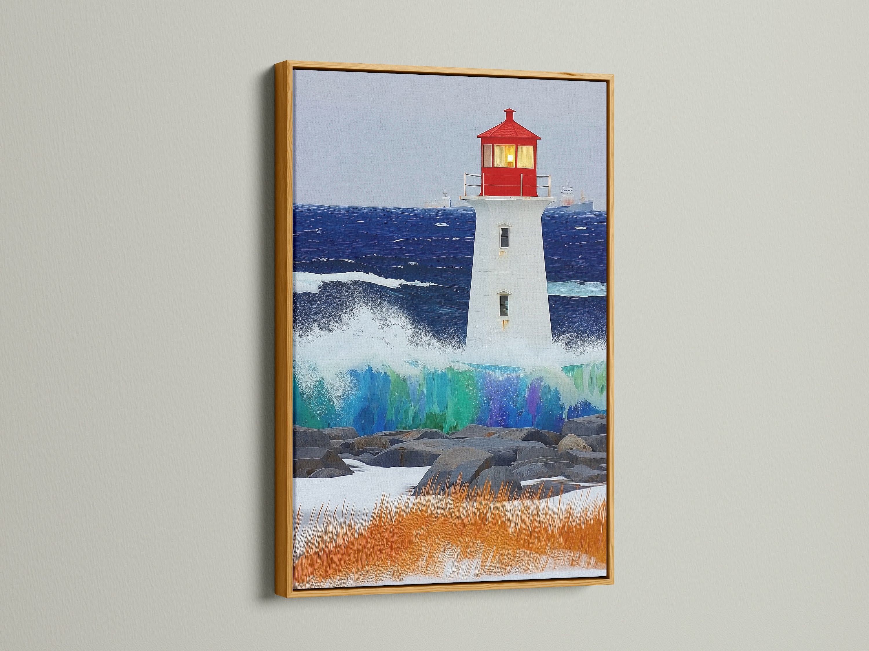 Lighthouse art in a gold frame. This coastal artwork radiates elegance and charm. The gold frame enhances the beauty of the seascape print. It's a luxurious addition to any nautical-themed room. Ocean wave art.