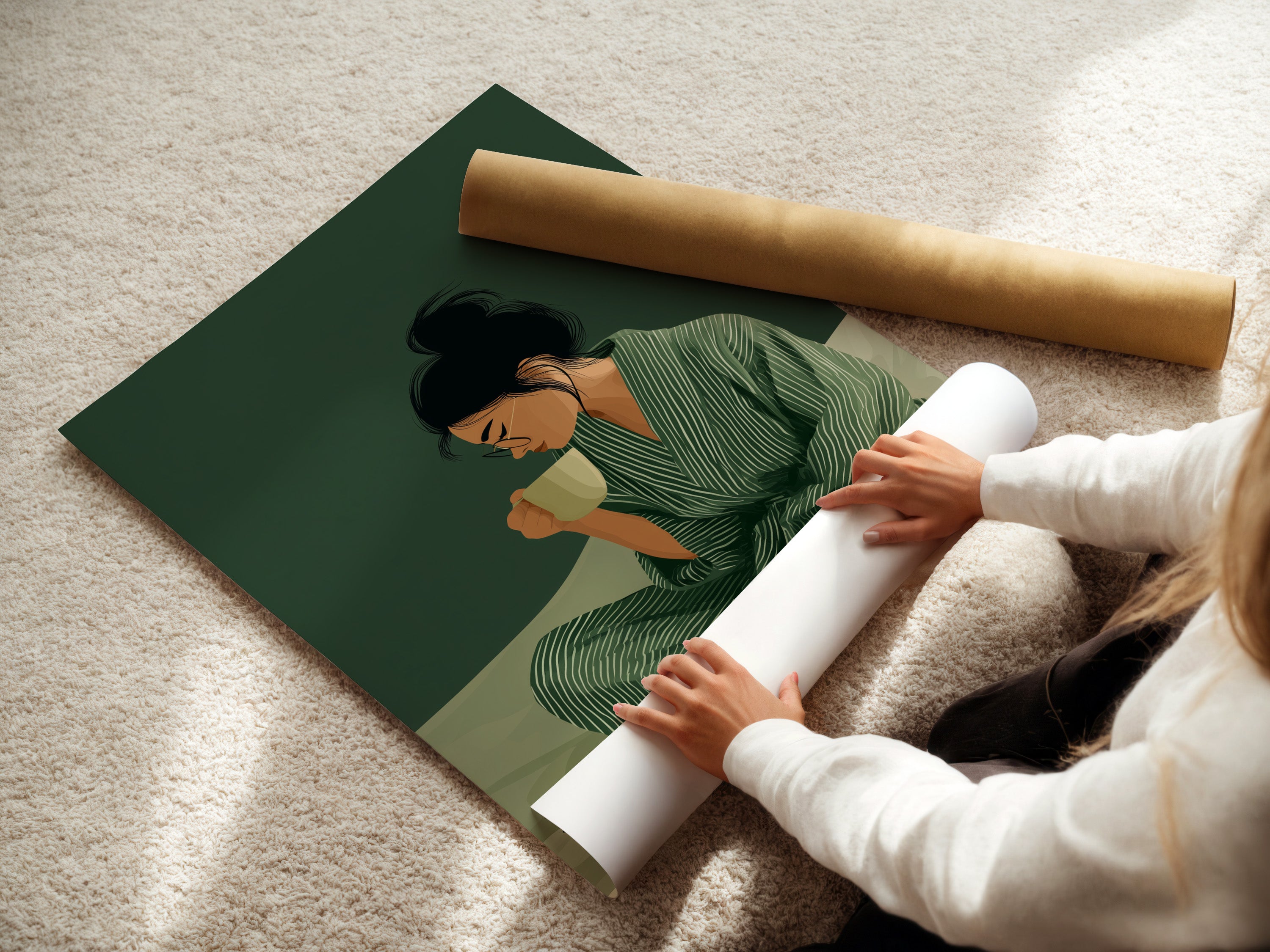 A woman rolling a fine art poster paper.  This print showcases peaceful morning art. The perfect addition to bedroom decor. Enhance your home with cozy and mindful artwork.