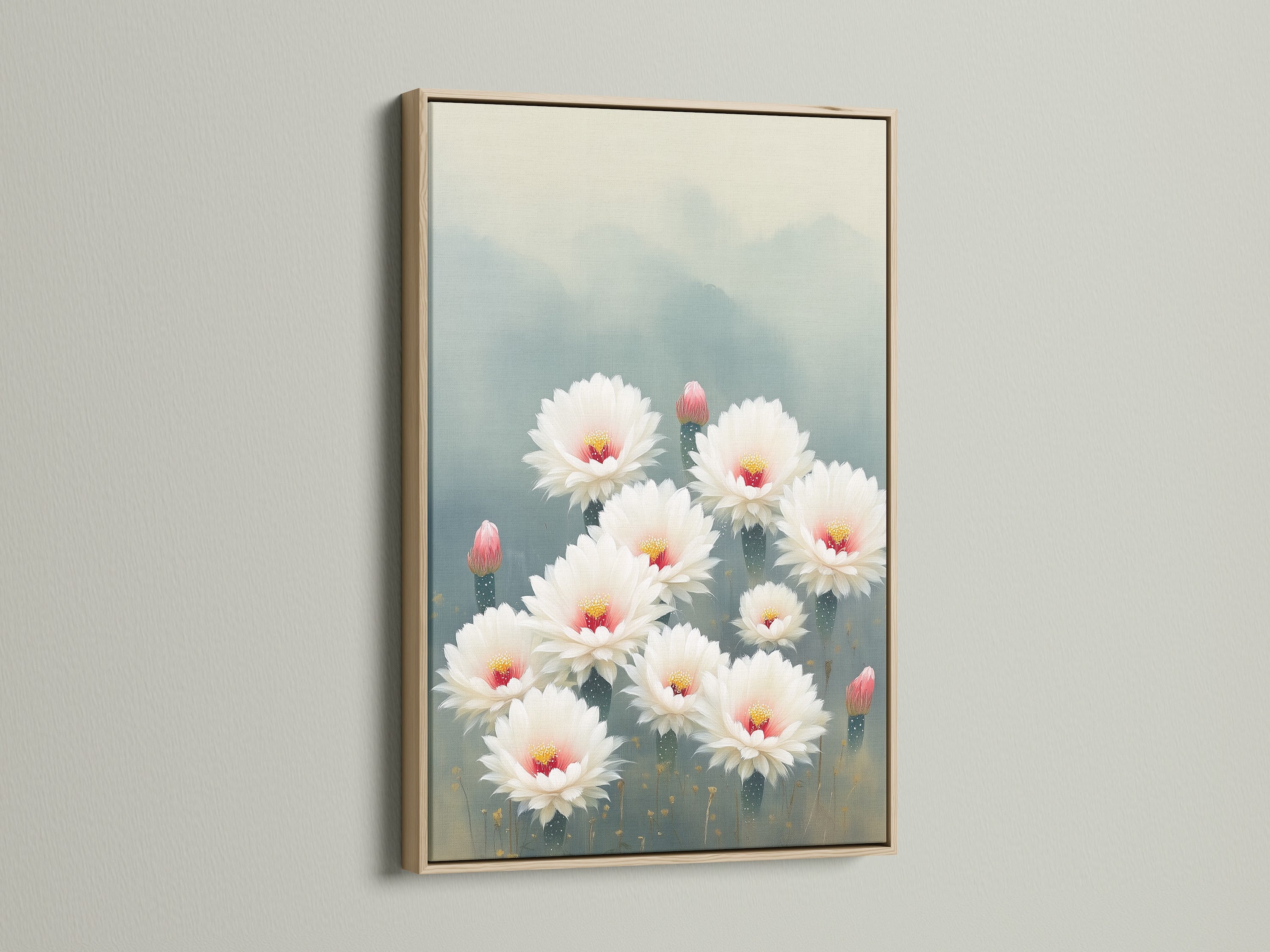 Cactus Flower art displayed in an oak frame. The desert bloom print adds natural beauty to any room. Ideal botanical wall art for homeowners renters and interior stylists. This floral canvas art enhances living rooms bedrooms offices studios lobbies clinics and cafes.