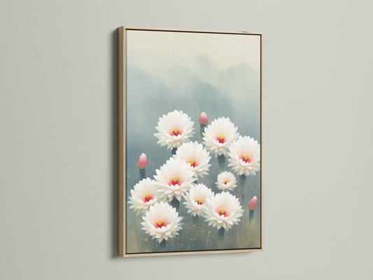 Cactus flower art in an oak frame. This botanical print adds natural beauty to your home. The warm oak finish enhances the artwork's neutral tones. A serene addition to your wall decor. Ideal for minimalist and Scandinavian styles.