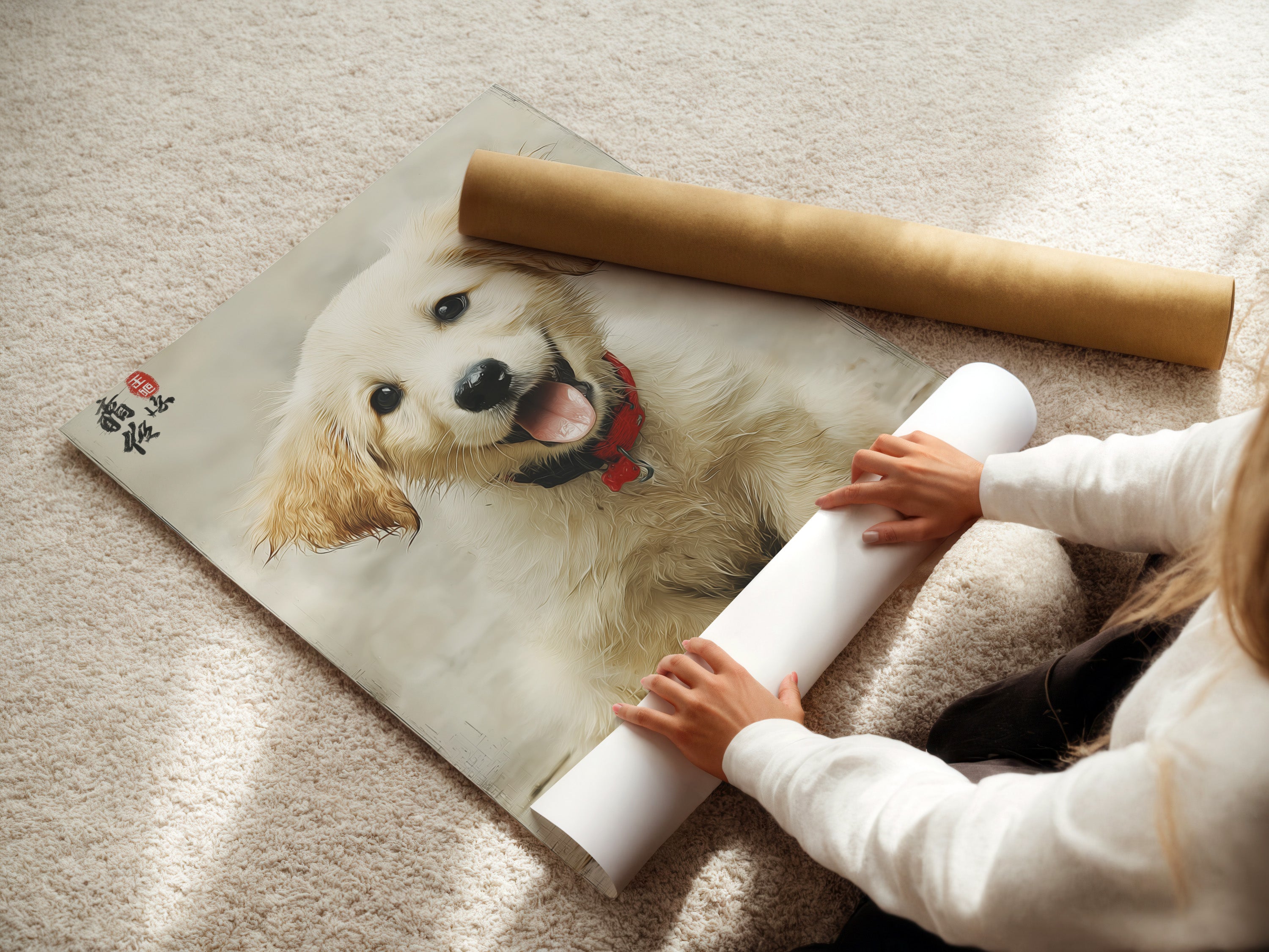 A woman carefully rolls a fine art poster paper featuring a golden retriever puppy. This Asian-style dog artwork is perfect for creating custom wall decor. The fine art paper ensures high-quality prints. Ideal for those seeking unique pet art prints for their home or studio.