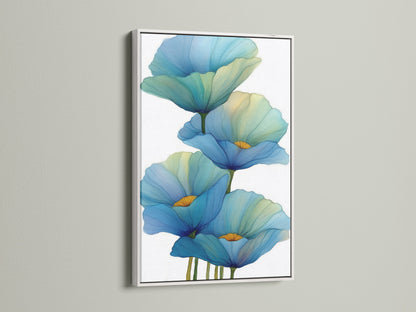 The image showcases a blue floral canvas print framed in white. Ideal for adding a fresh botanical touch to your walls. White frames offer a clean modern look. Perfect for bedroom decor or modern artwork displays.