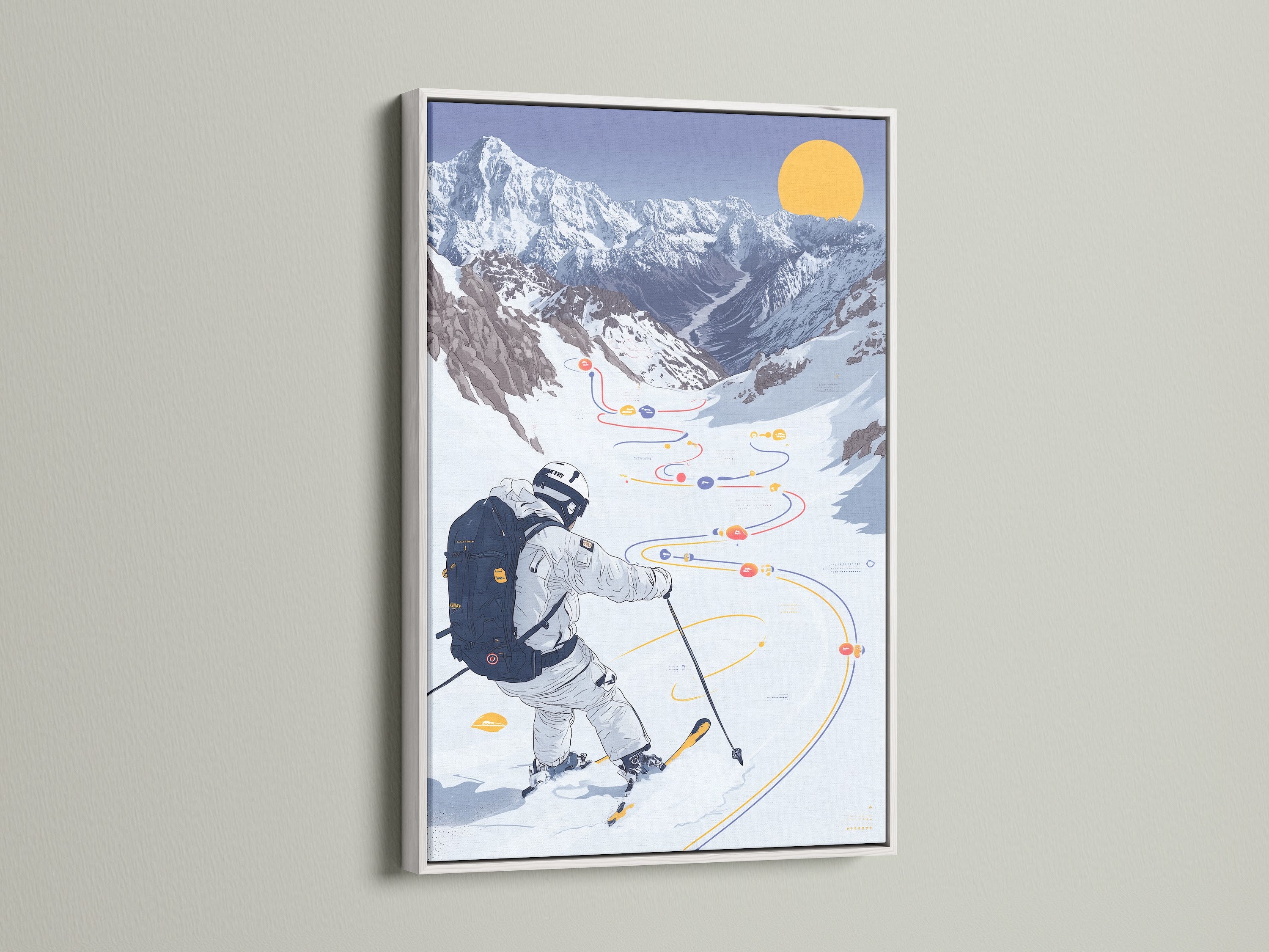 Skiing Mountain canvas print with a white frame. This winter sport artwork offers a clean and modern look. The snowy landscape poster brings a touch of the outdoors inside. The white frame complements any decor style. It's perfect for homeowners renters and business owners seeking elevated Alpine wall decor.