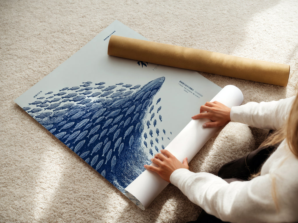 A woman carefully rolls a fine art poster paper showcasing fish school artwork. The poster is ideal for creating minimalist marine life decor. Its Asian art style is perfect for adding a touch of sophistication to any space. Explore our options today.